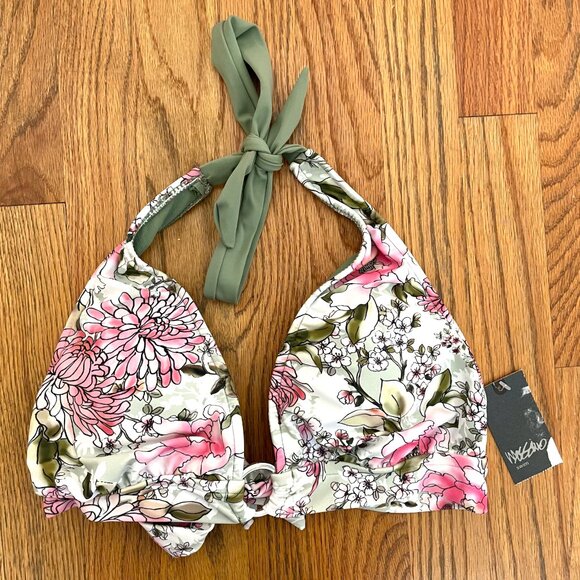 NEW NWT MOSSIMO Ring Halter Triangle Bikini Top Green Pink White Floral JRS ? XL - Picture 2 of 14